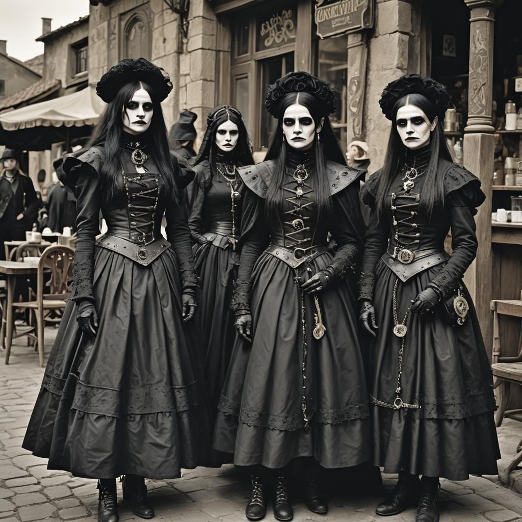Victorious Goth Fashion Models in a Historical Scene