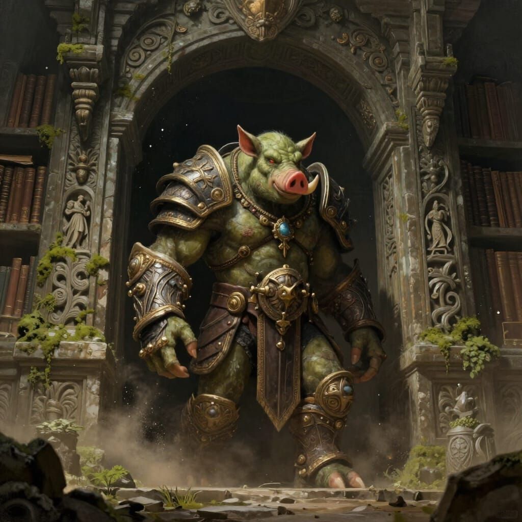 Ork Guardian of Ancient Library in Dark Fantasy Style