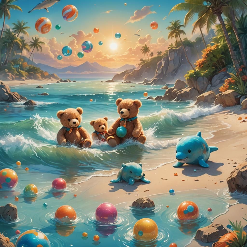 Teddy Bears Play on a Tropical Beach