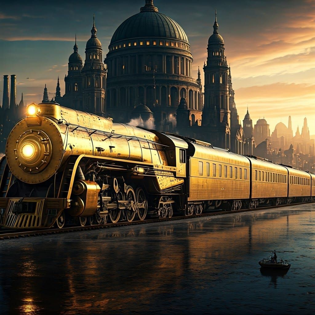 Shimmering Steampunk Mega Train in Vibrant Futuristic Citysc...