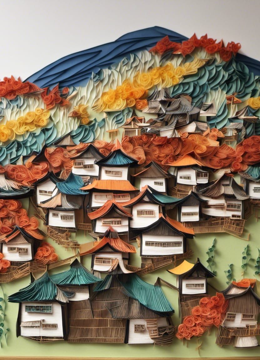 Charming Japanese Village in Paper Quilling Style