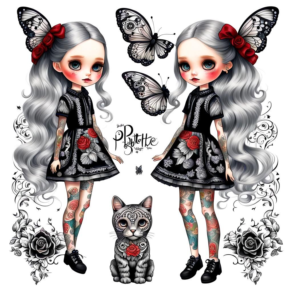 Detailed Blythe Doll Tattoo Design on White