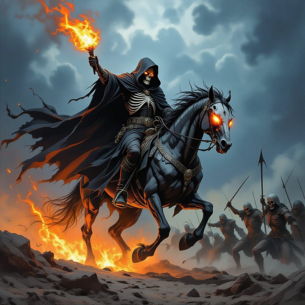 Necromancer on Skeletal Horse Summons Undead Warriors