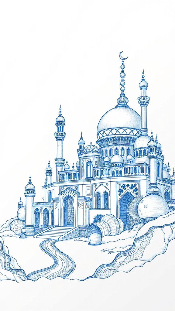 Futuristic Arabian Kingdom: Blue Ink Line Art