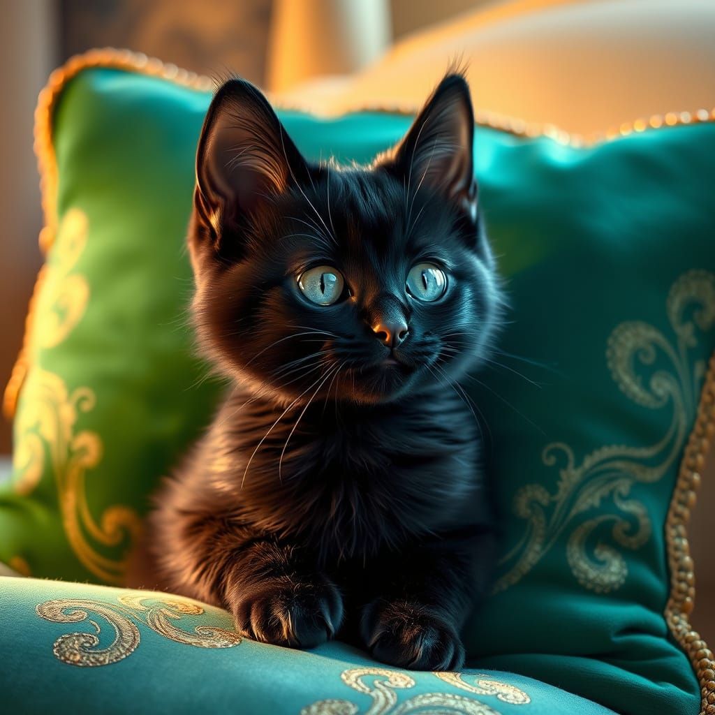 Regal Black Cat on Velvet Throne