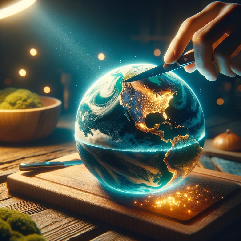 Tiny Earth Sliced on Cutting Board, Cinematic Lighting