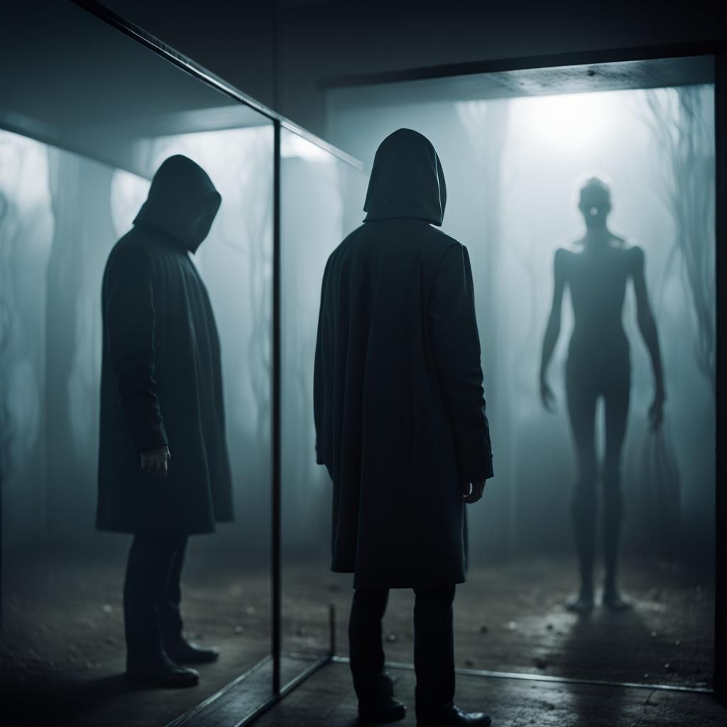 Ominous Figure Observed in Foggy Mirror: Hyper-Realistic