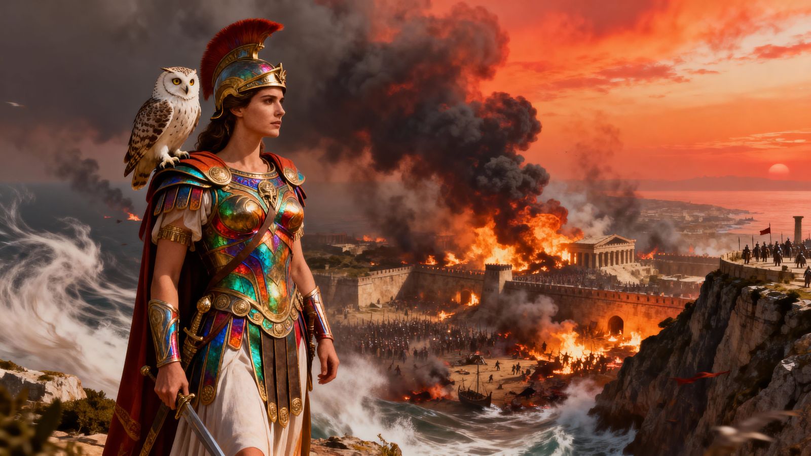 Athena Overlooking Burning Troy in Photorealistic Style