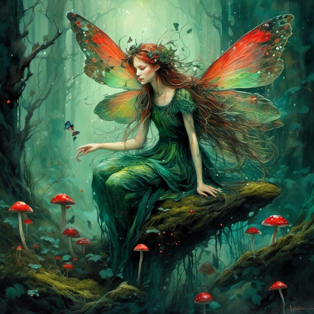 Enchanted Green Fairy in Moody Forest, Digital Art
