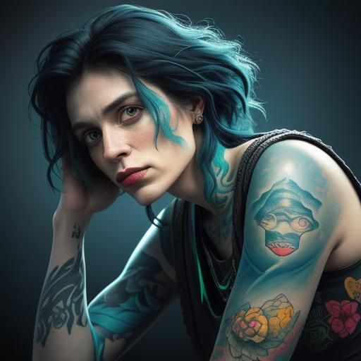 Tattooed Woman with Living Art, in Expressionist Style