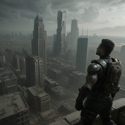 Cyberpunk Action Hero in Post-Apocalyptic Metropolis