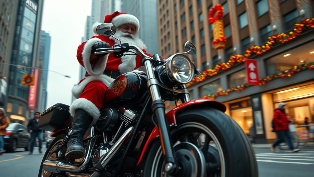 Santa Claus Rides a Harley Davidson Through City Streets in...