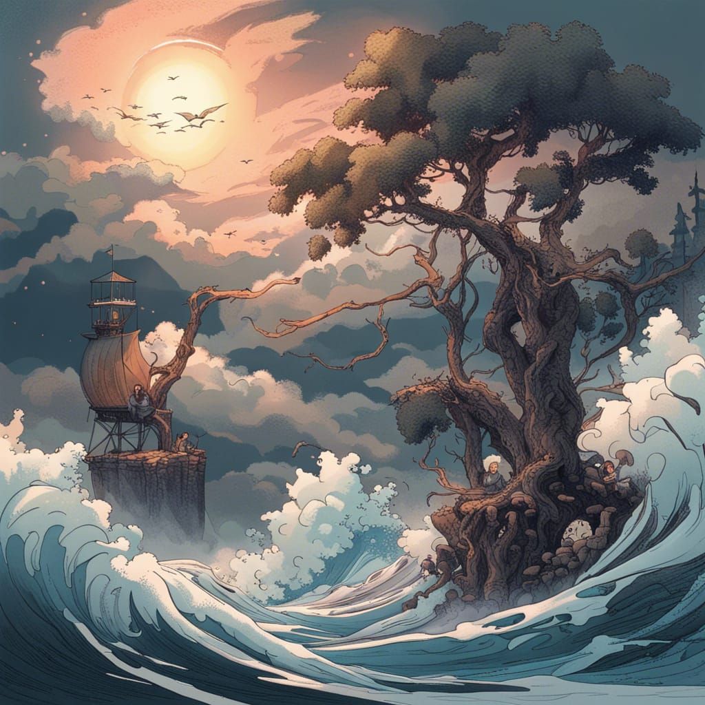 Magic Sea Cherry Blossom Trees in Cartoon Art