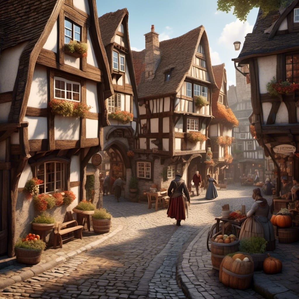 Medieval City Street with Half-Timbered Houses