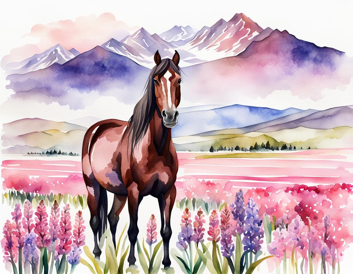 Watercolor Horse in Hyacinth Field