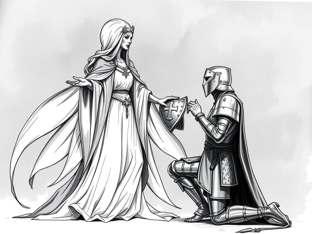 Divine Blessing on Knight in Pencil Sketch Style