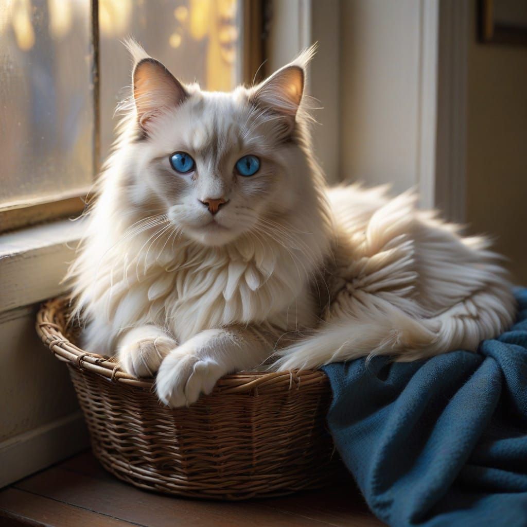 Serene Ragdoll Cat in Warm Wicker Basket with Fluffy Wool