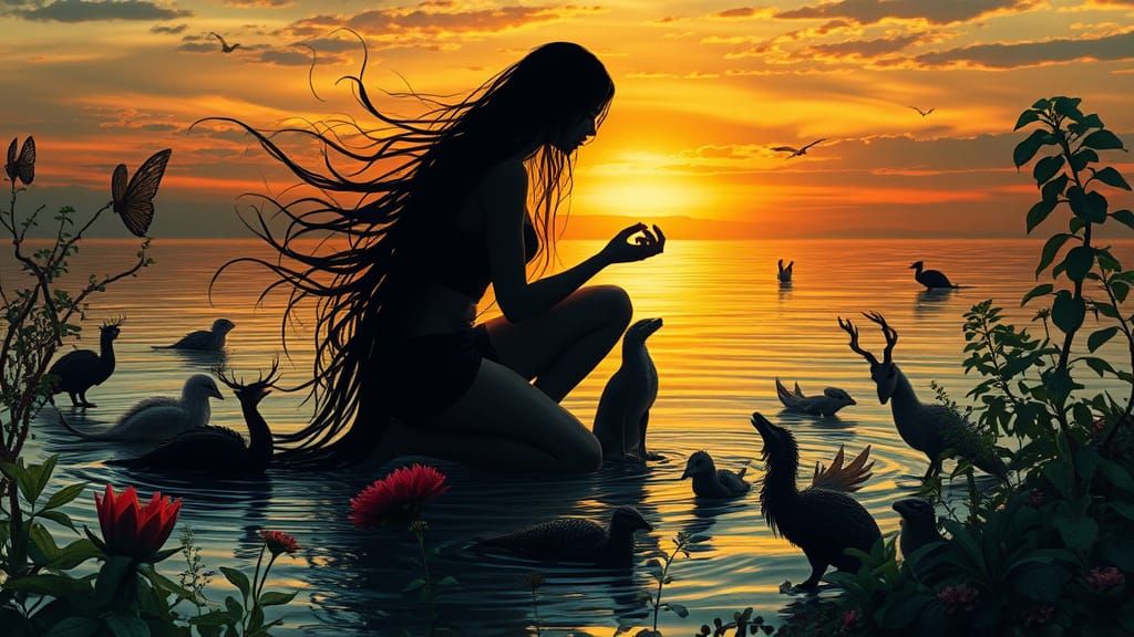 Mystical Goddess with Mythical Creatures at Sunset