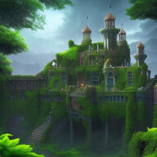 Lost Castle Interior with Green Plants