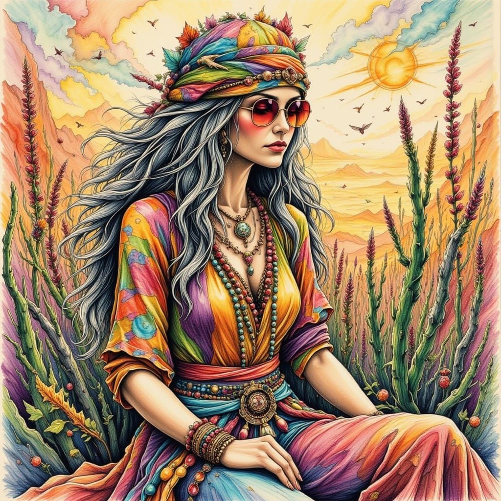 Grey-Haired Hippie Basking in Sunlight, Retro Bohemian Art