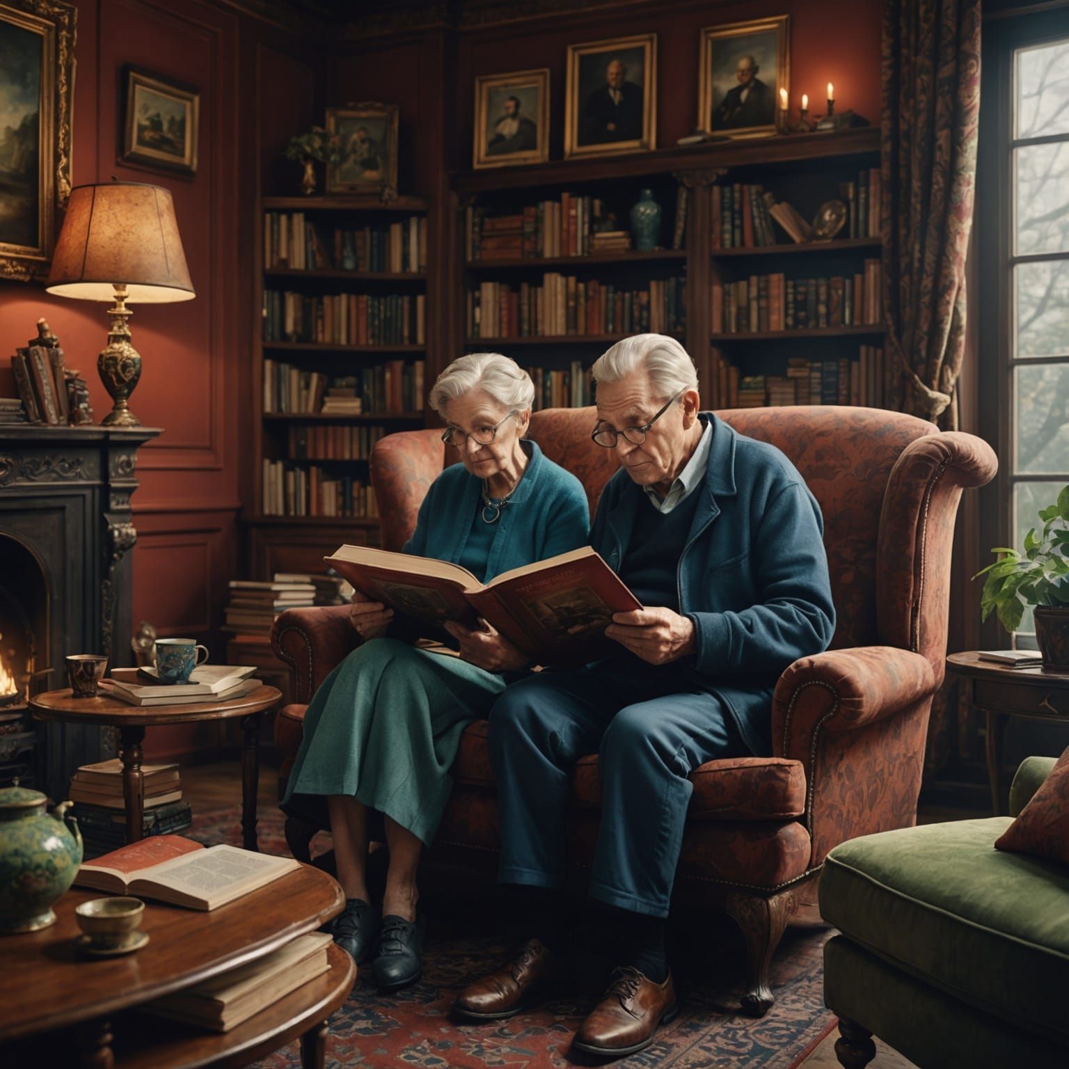 Elderly Couple Reading: Detailed Matte Painting