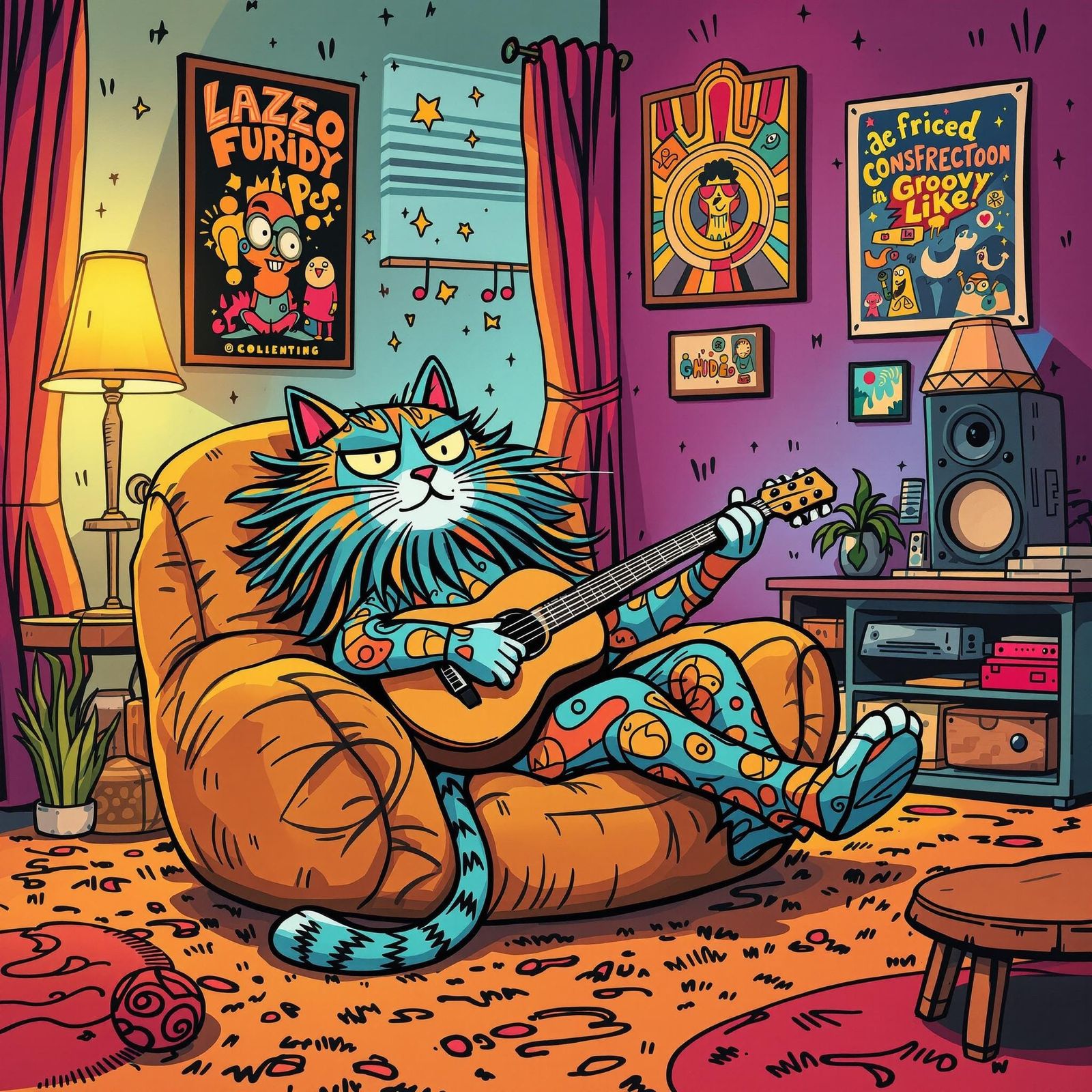 Retro Cartoon Cat Lounging in Psychedelic 1970s Room