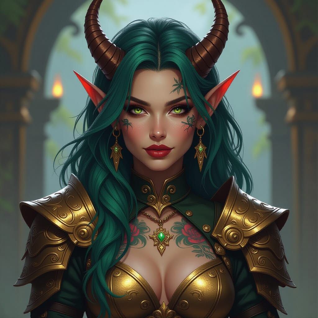 Tiefling Rogue with Green Hair and Gold Armor in High-Fantas...