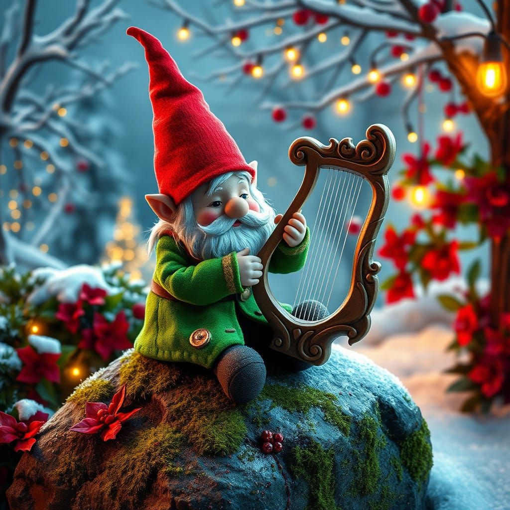 Whimsical Christmas Gnome Plays Delicate Harp in Enchanted W...