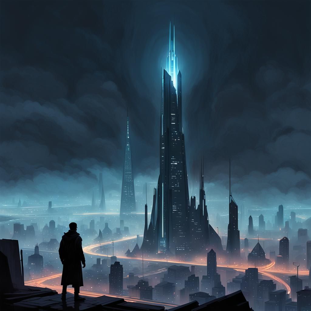 Dystopian Wifi Tower in Fog, Cyberpunk Style