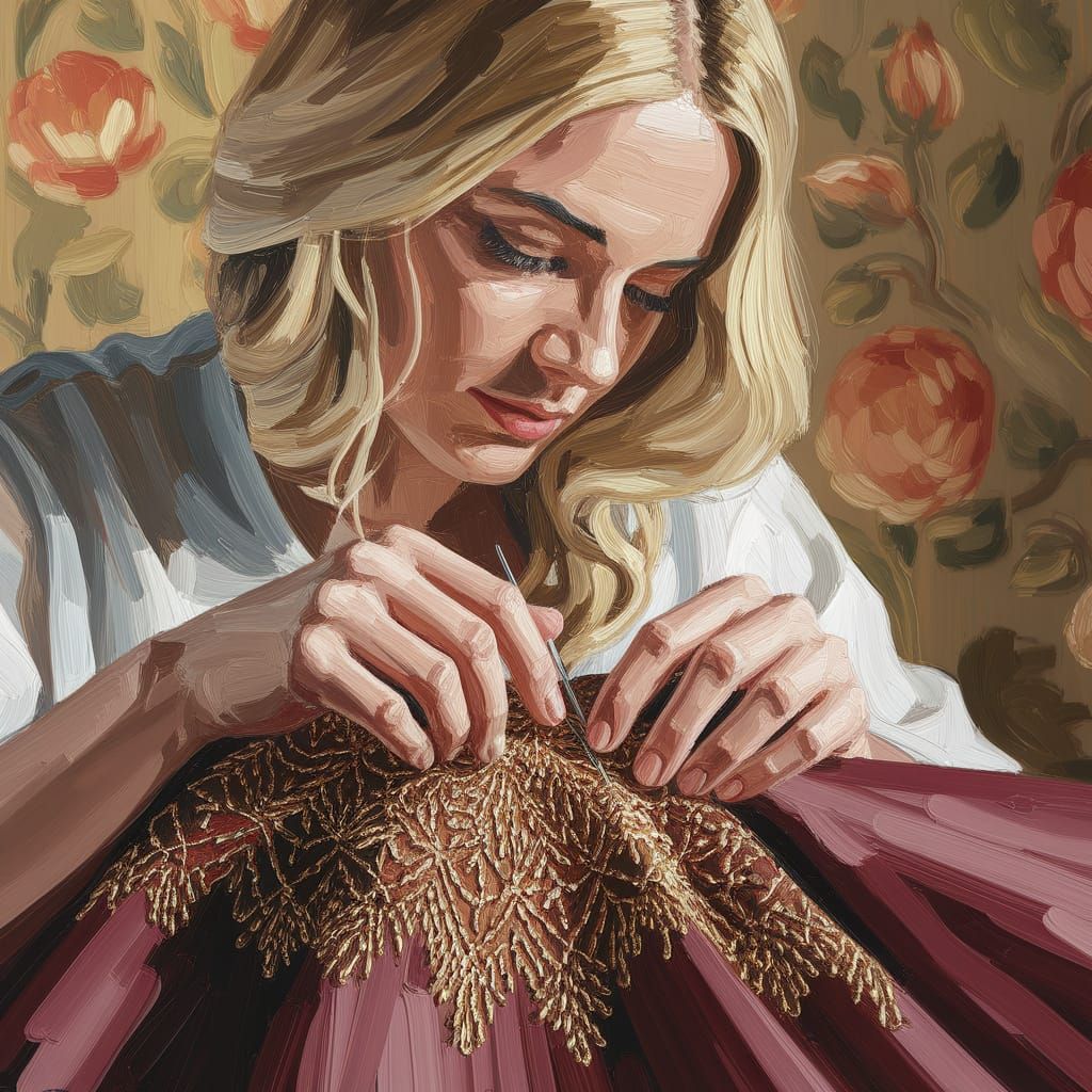 Serene Embroideress in Warm, Golden Light