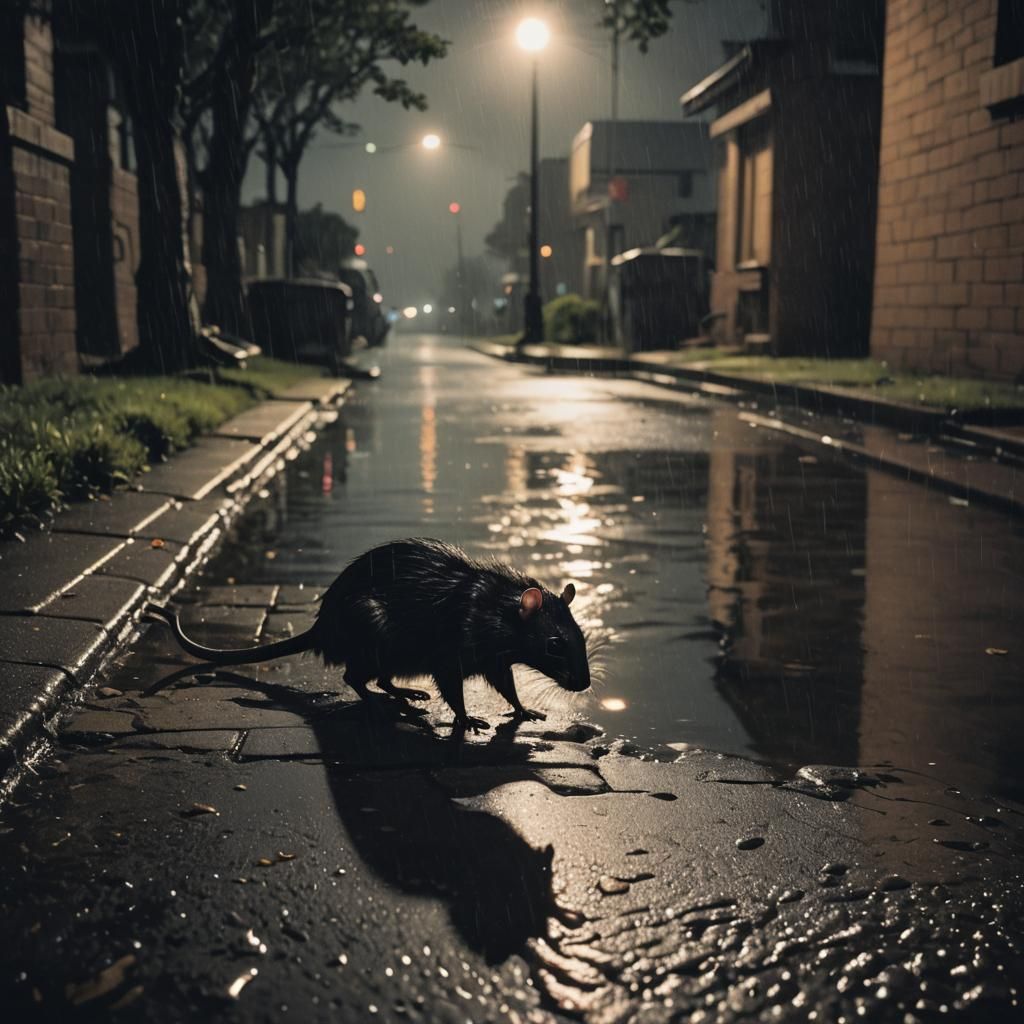 Dramatic Rat Silhouette in Rainy Cinematic Scene