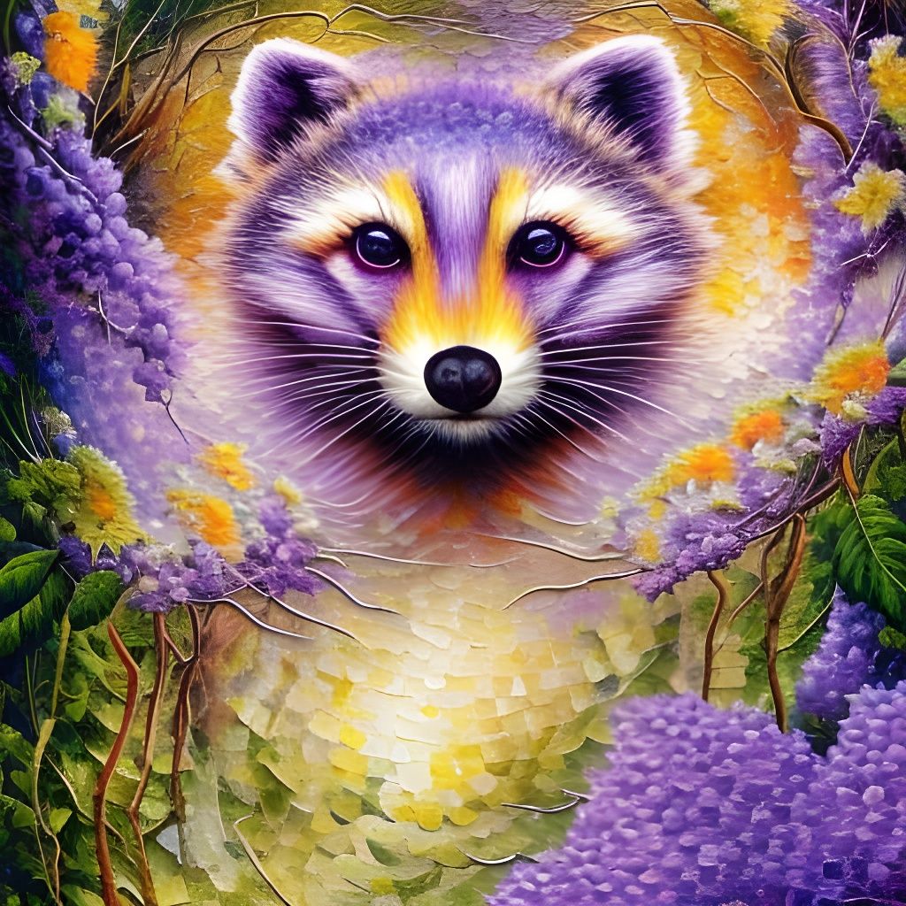 Raccoon in Lilac Garden: Holographic Cosmic Illustration