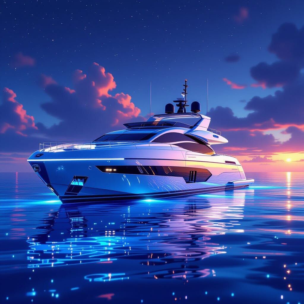 Luxury Yacht on Bioluminescent Ocean in Futuristic Style