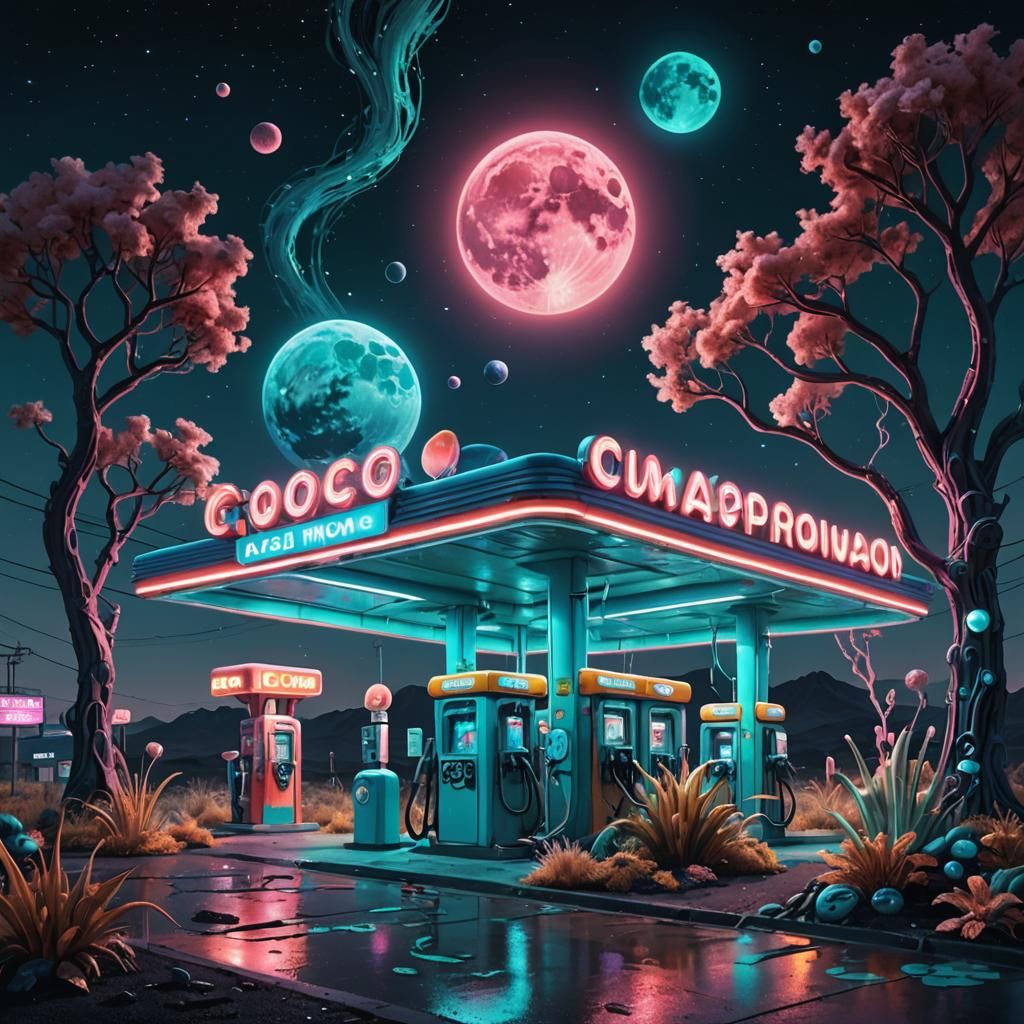 Surreal Alien Gas Station Under Twin Moons