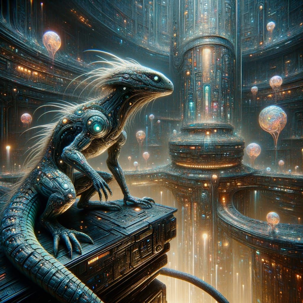 Lizard Cyborgs in Rococo Sci-Fi Landscape