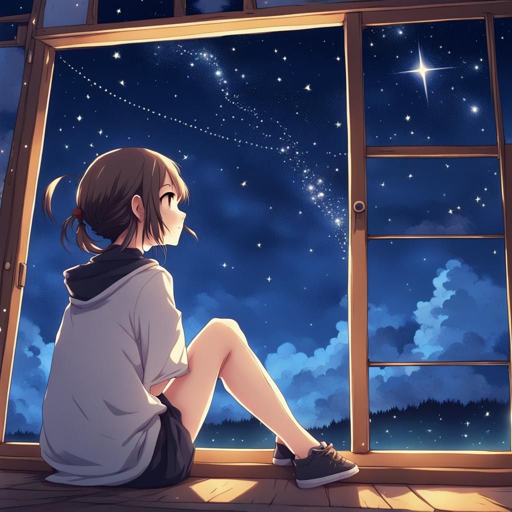 Anime Girl Watching Starry Night Sky