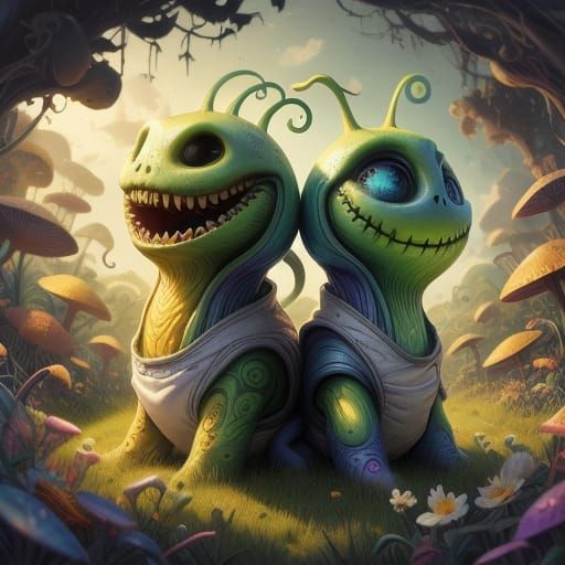 Children Play Games With Ethereal Aliens in Whimsical Meadow