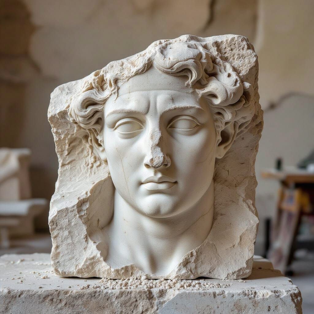 Unfinished form	unfinished, half-carved, partially emerging, emerging from stone
Tool marks	visible chisel marks, tool-s...