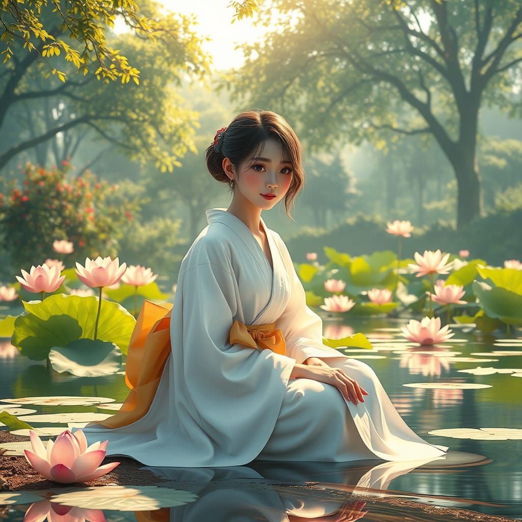 Serenely Contemplative Woman Surrounded by Nature's Harmony