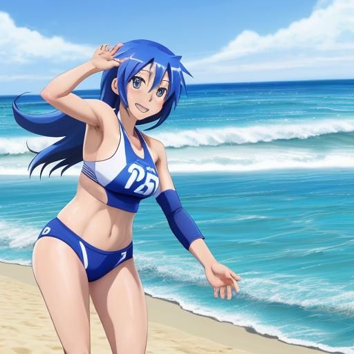 Anime Lucky Star Konata at the beach in her new bikini playing volleyball