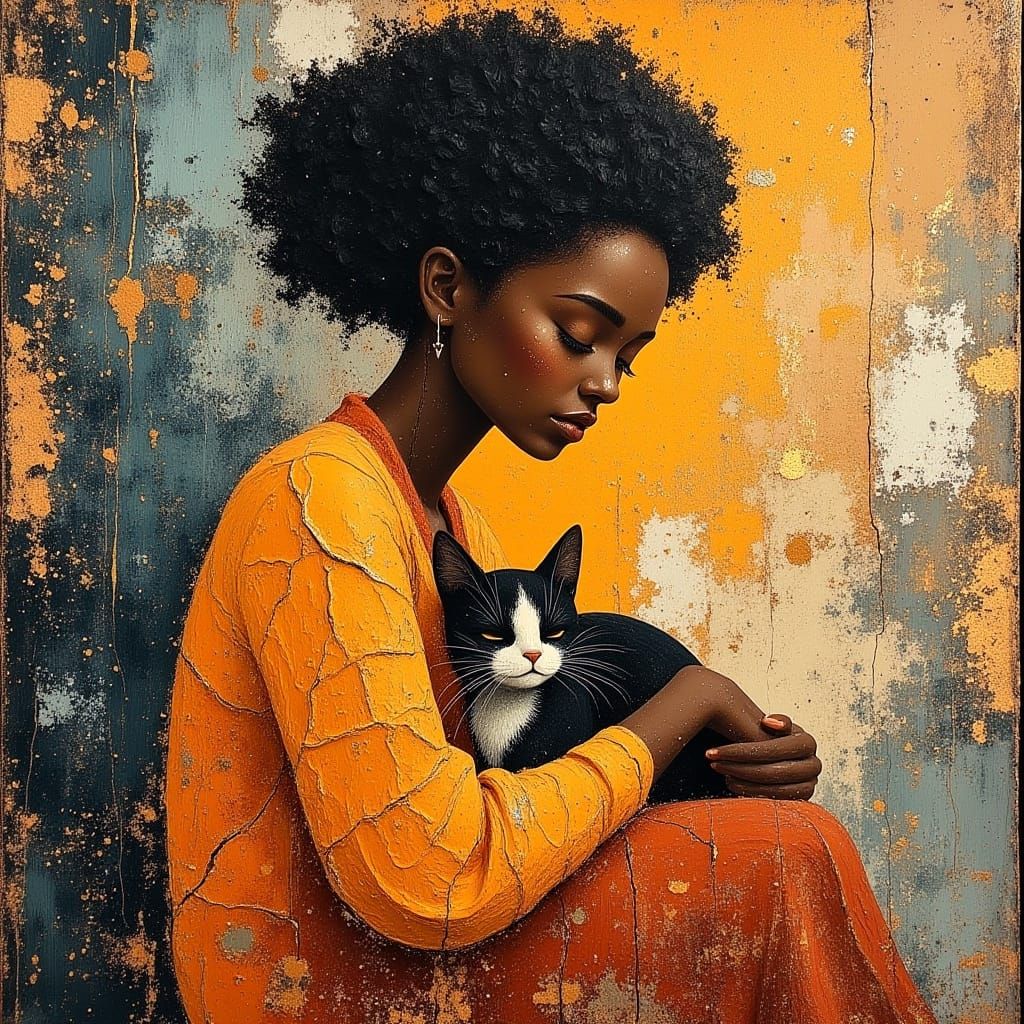 Woman and Cat in Impasto Oil Painting Style
