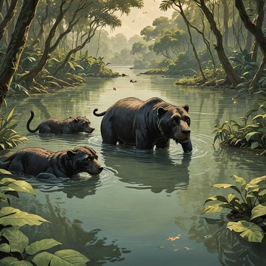Baloo and Mowgli Swimming in Jungle Lake