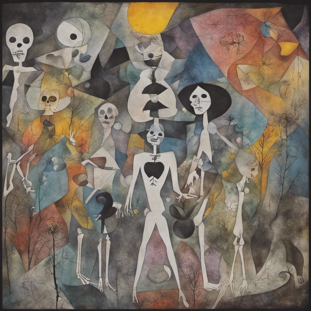 Surreal Dreamscape: Witches, Skeletons, and Black Cat