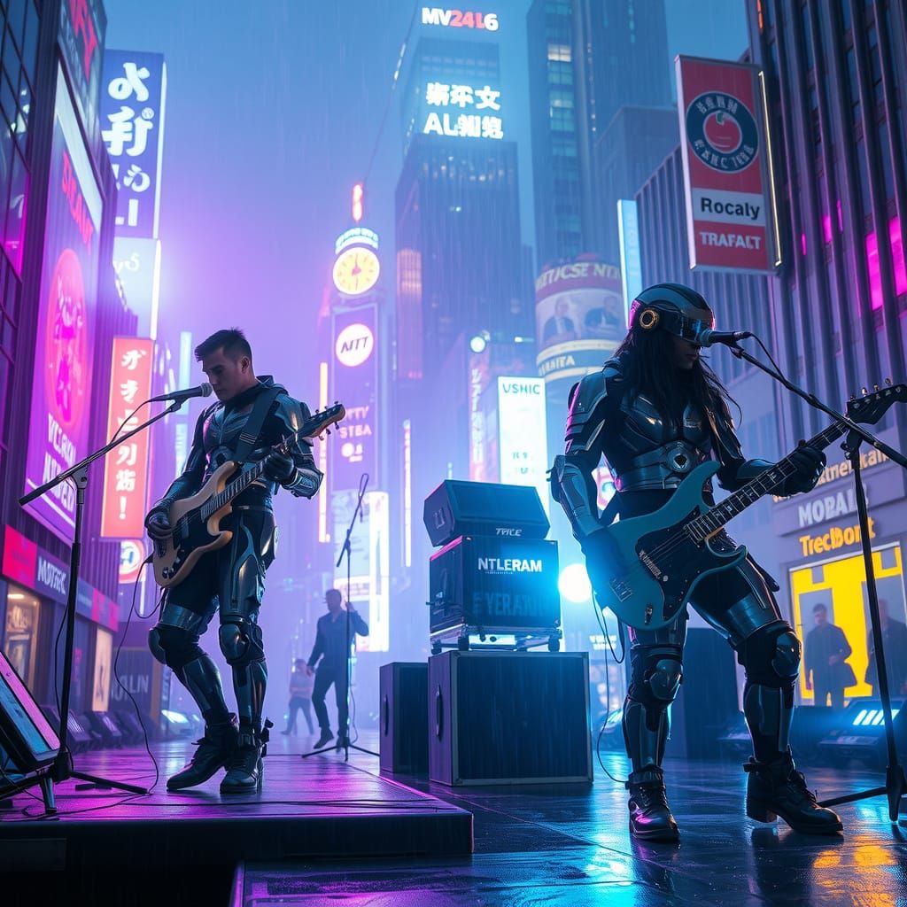 Cyberpunk Rock Band Performs in Dystopian Cityscape