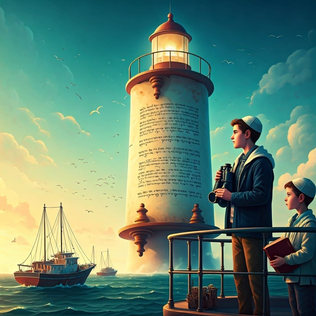 Torah Scroll Lighthouse in Chagall-Inspired Dreamscape
