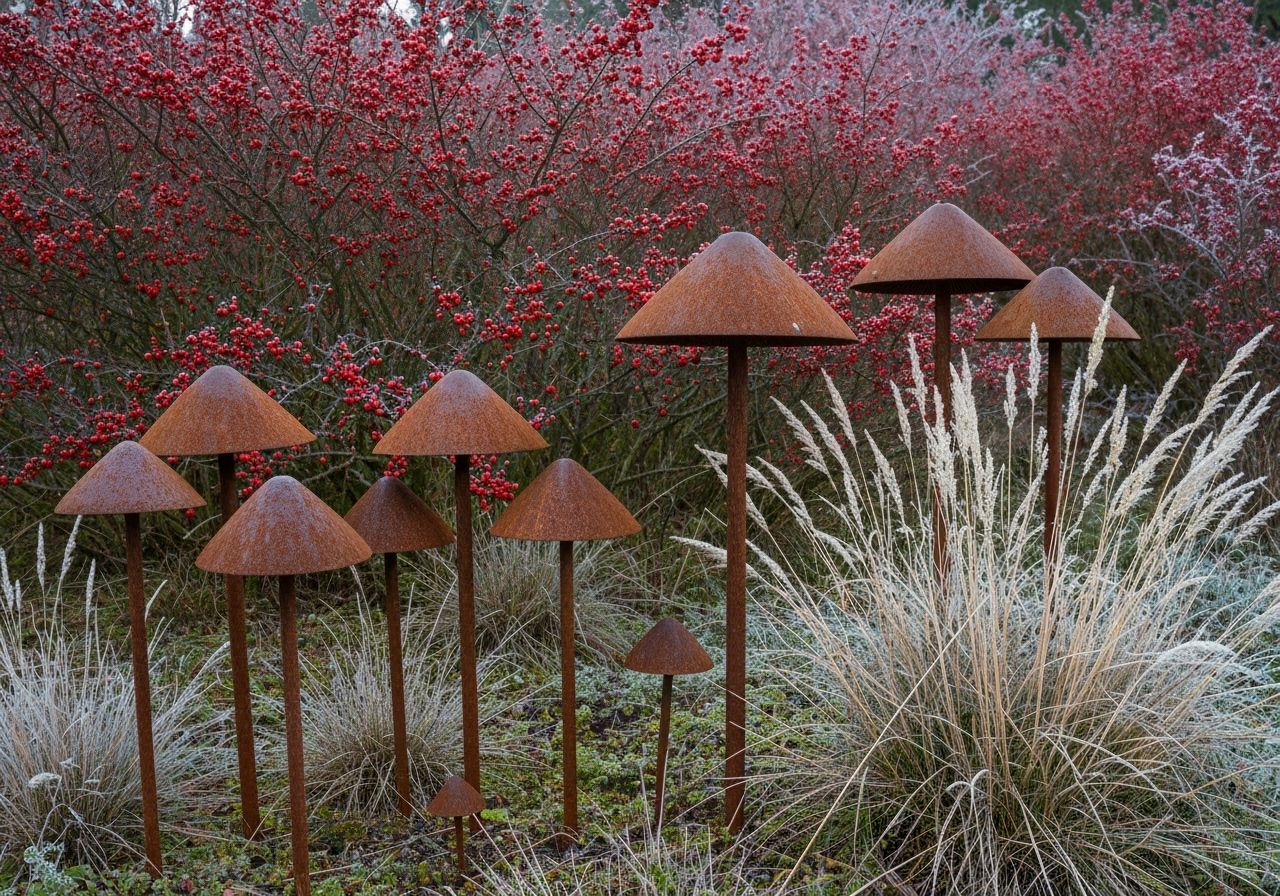 Surreal Rusty Metal Mushrooms in Red Berry Bushes