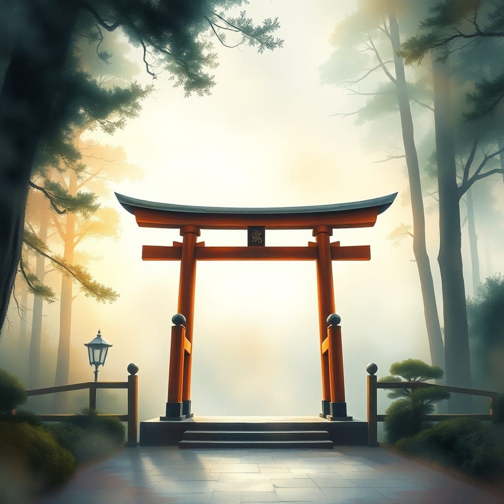 Ethereal Torii Gate Guards Misty Forest Entrance