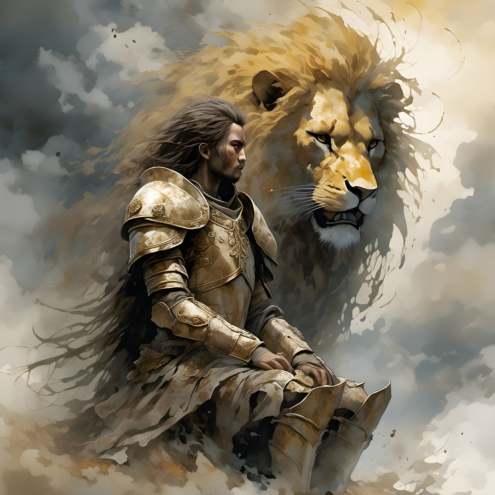 Warrior with Ghostly Lion in Chromaflow Style