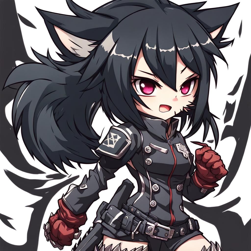 Fierce Wolf Girl in Anime Chibi Style