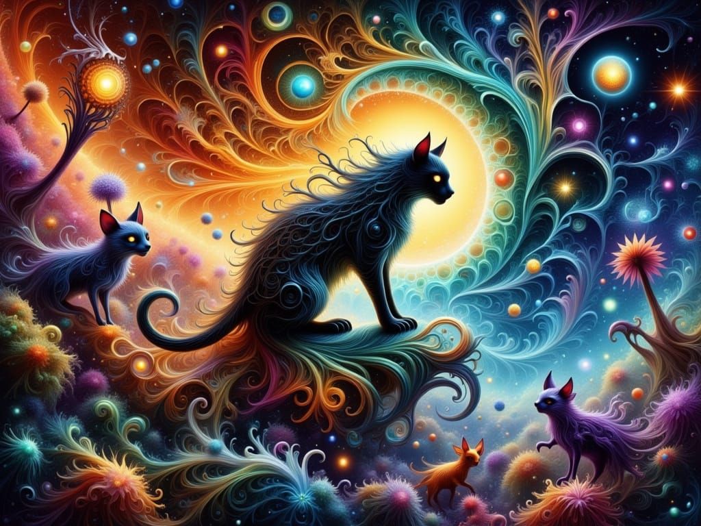 Majestic Feline Silhouette in Vibrant Fractal Field